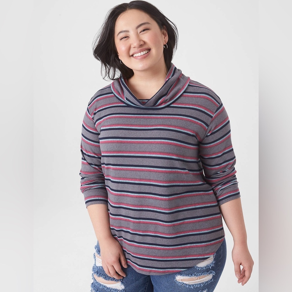 Lane Bryant Classic Cowl-Neck Tee in Multi Stripe Size 10-12